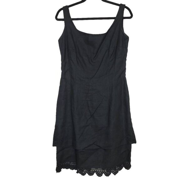 Vintage Geary Roark Black Linen Sheath Dress Sz 14 M/L Sleeveless Crochet Classy - Picture 1 of 8